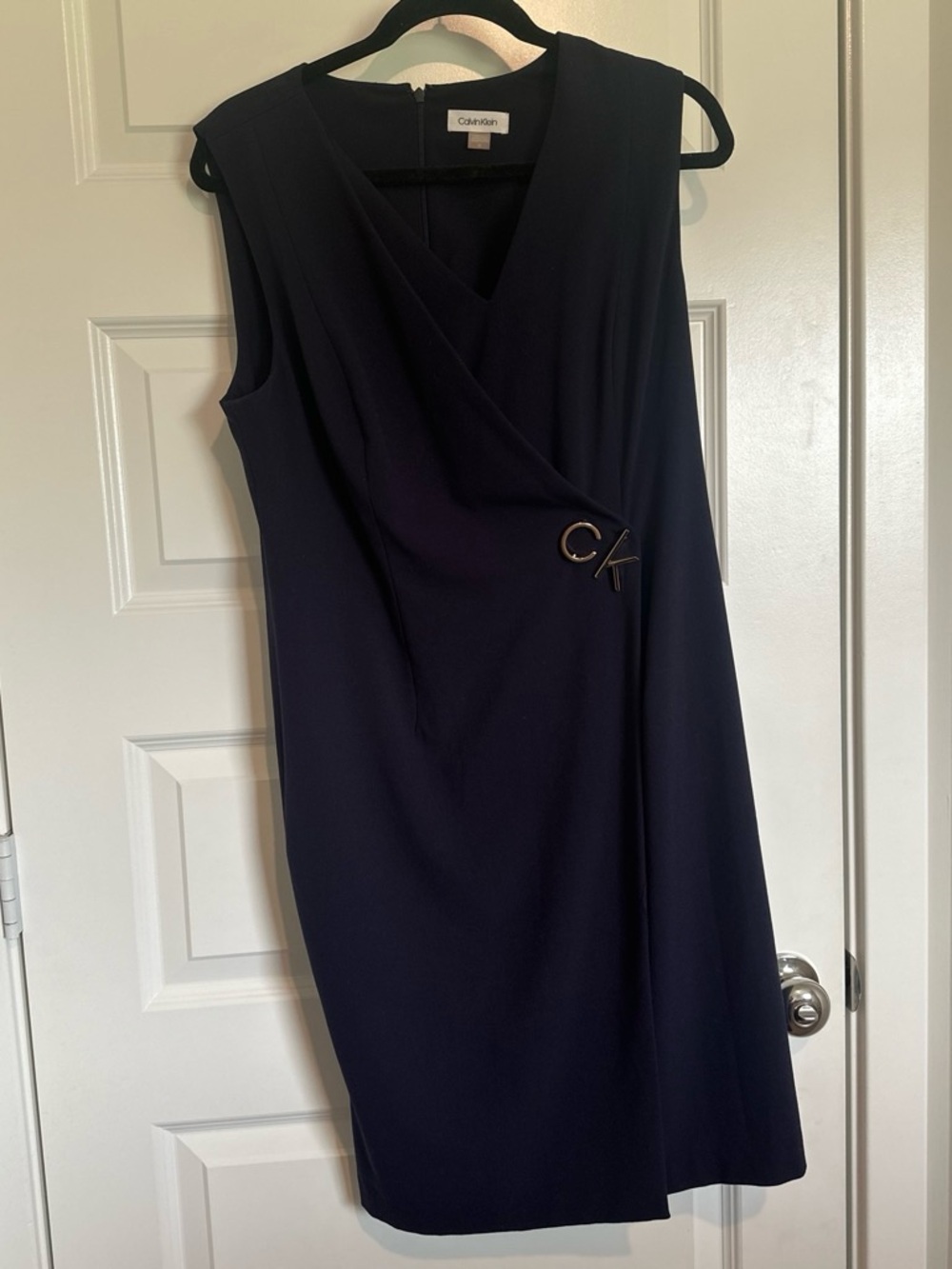 Calvin Klein Black V-Wrap Sheath Dress with CK Accent